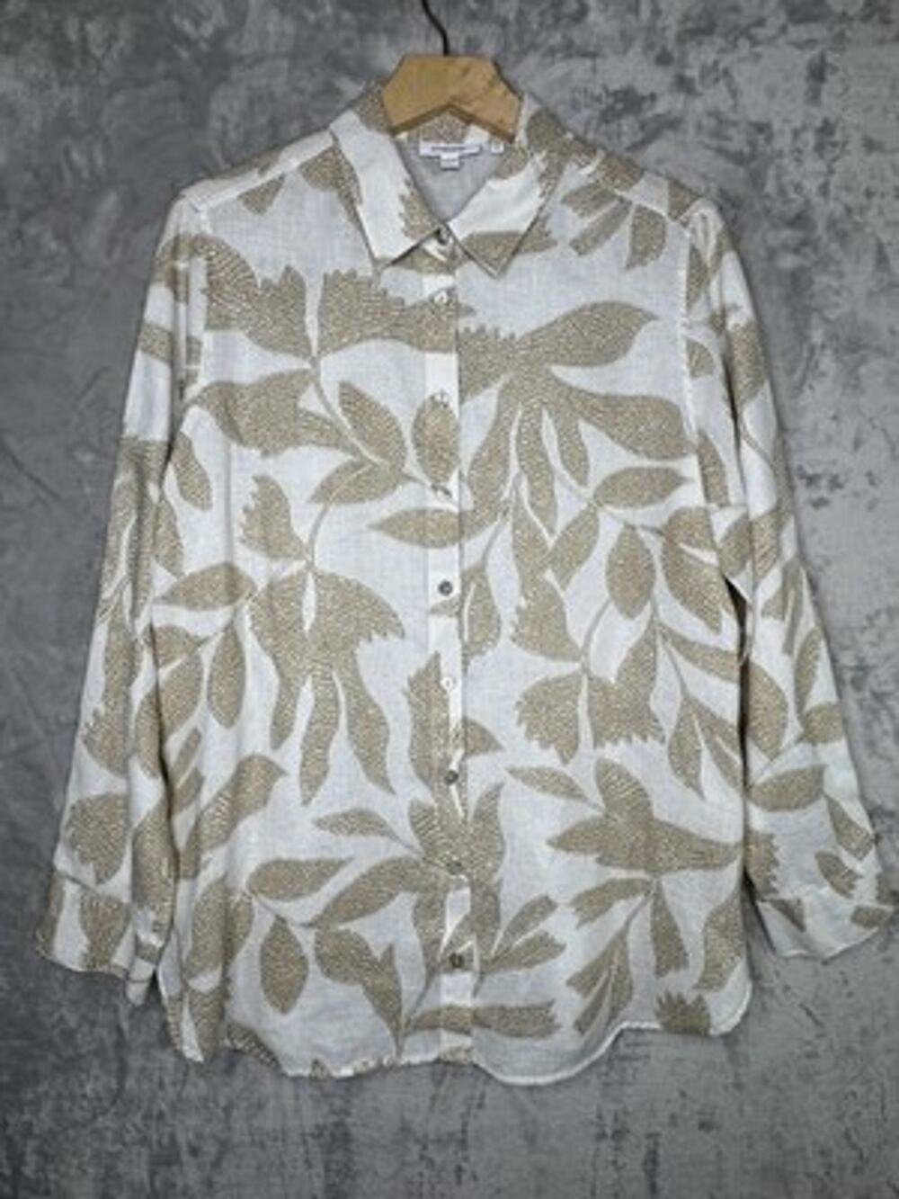 Chico's Shirt Womens 10 White Tan Leaf Print 100% Linen Button Front Long Sleeve